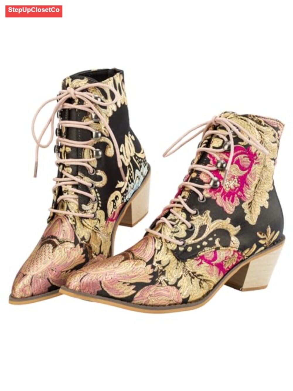 Vintage Floral Embroidered Block Heel Cowboy Boots Heighten Ankle Booties